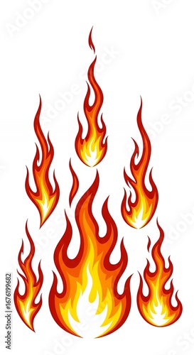 Dynamic Orange and Yellow Fire Flames Vector Illustration Isolated on White Background