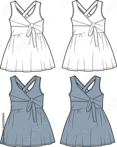 Sleeveless wrap dress for girls with front tie, pleated hem, back cross straps, flat sketch, fashion cad vector illustration
