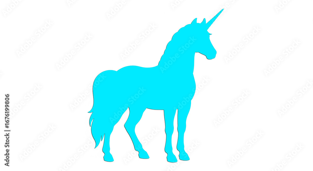 Fototapeta premium Blue unicorn logo gallops across sapphire sky, silver horn aglow, flowing cerulean mane radiating mystical power.