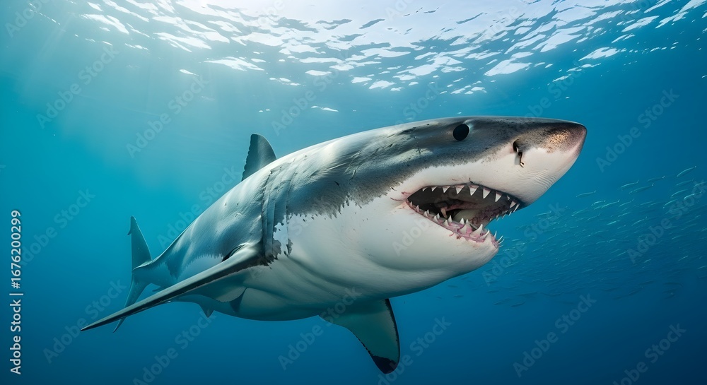 Fototapeta premium Majestic Great White Shark A Predator's Gaze in Ocean's Realm with Open Mouth