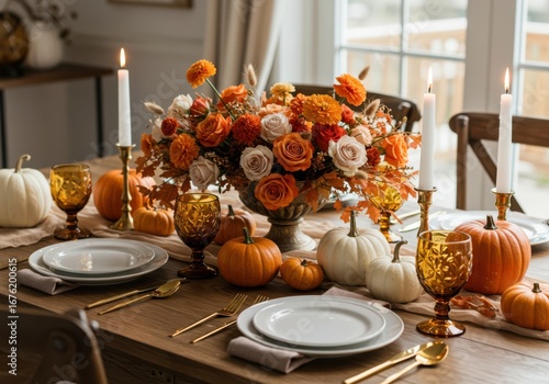 An elegant thanksgiving table setting features pumpkins, flowers, and candlelight