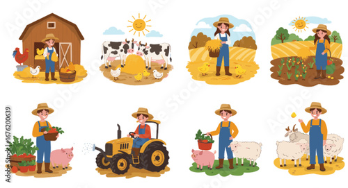 Farmer Working on a Farm - Harvesting Crops, Caring for Animals, and Operating Tractor in a Vibrant Agricultural Landscape.