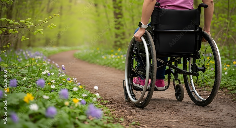 Fototapeta premium Rolling Through Spring A Wheelchair Journey on a Blooming Forest Path