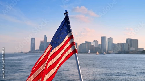 Flapping American flag on the back of the boat travelling by the river. Hazy skyline of New York at backdrop.