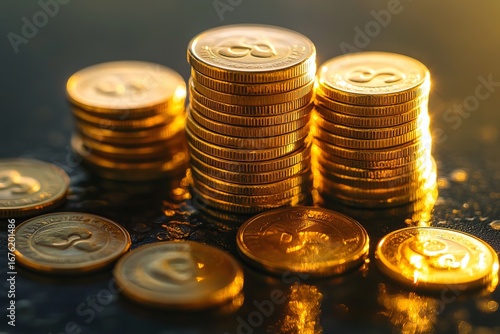 Stacks of golden coins glowing in warm light symbolizing wealth, finance, savings, investment and prosperity