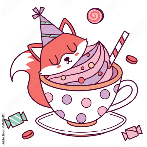 Cute Sleepy Red Fox, accessorized with in a teacup, in a Birthday world – Candy Shop palette vector