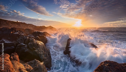 dramatic coastal waves crashing over rocks at sunrise