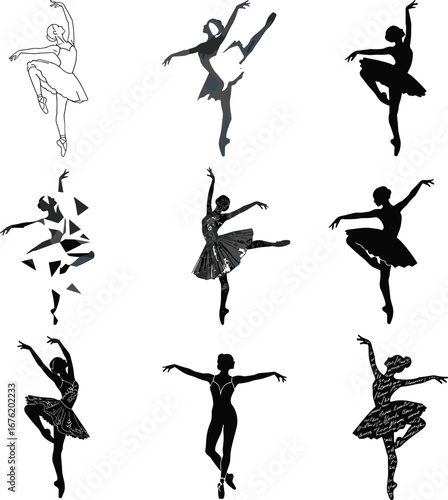 Ballet Dancer Silhouettes in Different Poses, Elegant Pirouettes, Leaps, and Dance Movements with Modern Abstract Style Design