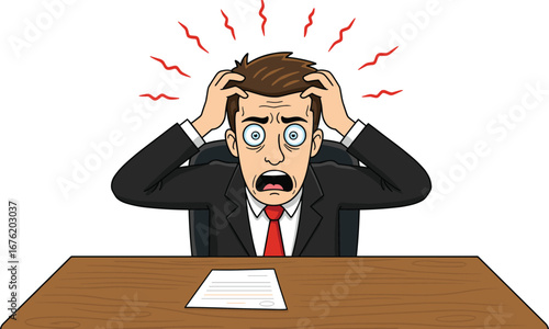 Stressed businessman holding head in panic, office desk with document, anxiety expression, workplace stress concept, overwhelmed office employee cartoon
