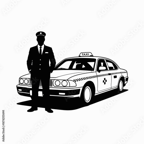 Silhouette of a chauffeur standing proudly next to a classic taxi cab