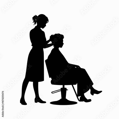 Silhouette of a hairdresser styling a client s hair in a salon