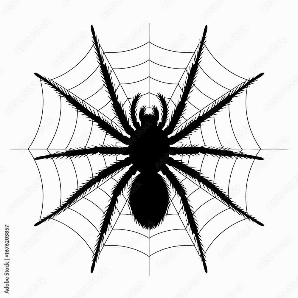 Obraz premium Silhouette of a large spider on a detailed spiderweb against a white background