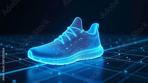 3d wireframe model of a running shoe glowing with neon blue light the shoe with digital circuit