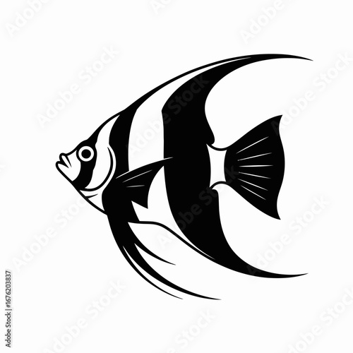 Stylized illustration of a black and white striped angelfish swimming
