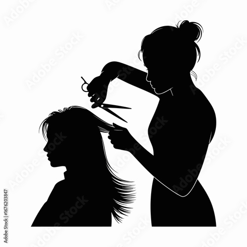 Silhouette of a hairdresser cutting a woman s hair with scissors