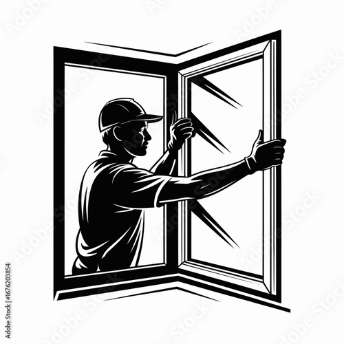 Construction worker installing a new window in a building