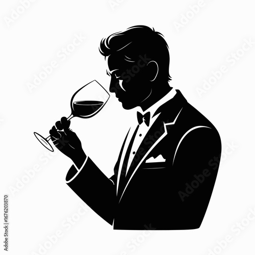 Silhouette of a man in a tuxedo smelling red wine in a glass