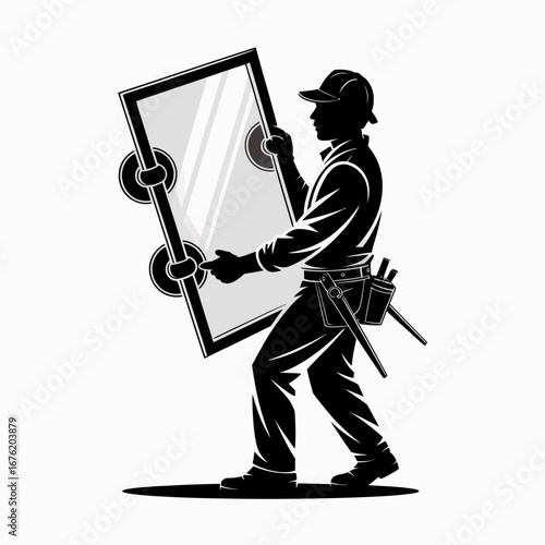 Silhouette of a glazier carrying a large pane of glass with suction cups