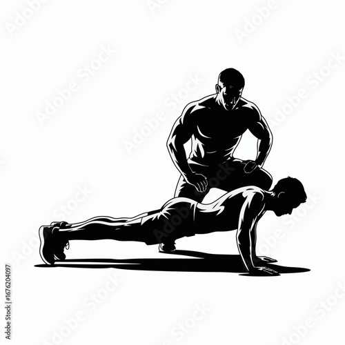 Trainer supervising athlete performing push ups in gym silhouette