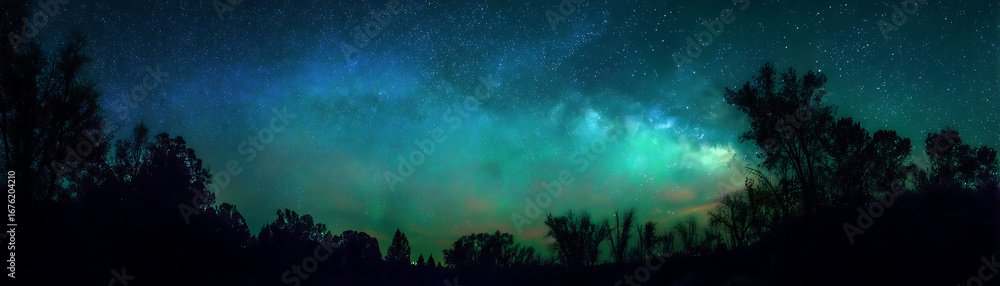 Fototapeta premium Green and blue lights in the vast, starry night sky