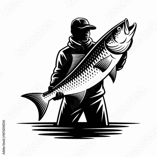 Fisherman proudly displays a large catch of fish in the water