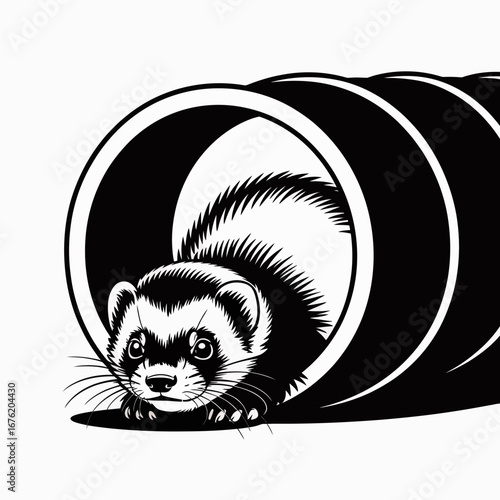 Cute ferret peeking out of a dark tunnel with a playful expression