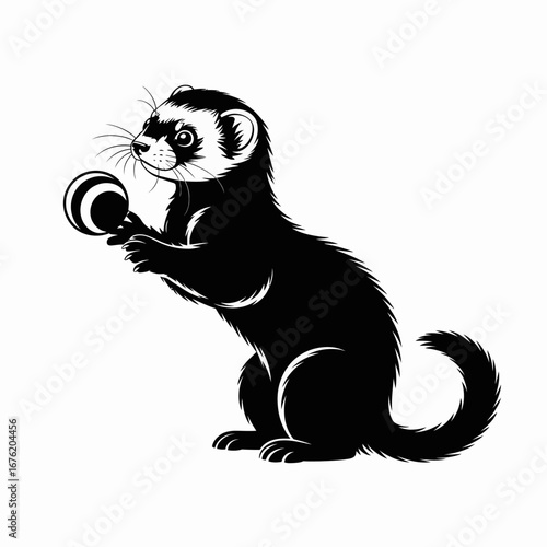Black and white illustration of a ferret holding a striped ball