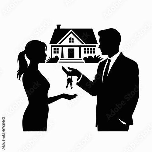 Real estate agent handing over house keys to new homeowner silhouette