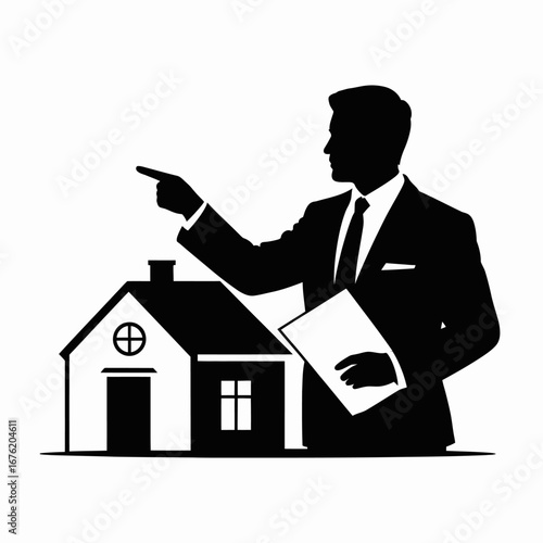 Real estate agent points to house with document