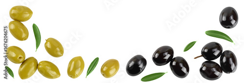 Green and black olives with leaves isolated on a white background. Top view. Flat lay