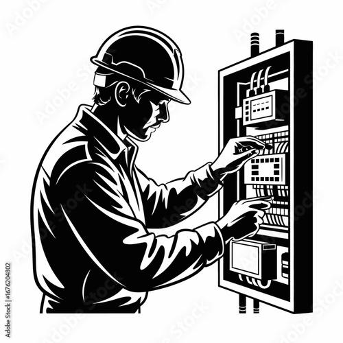 Electrician wearing hard hat works on electrical panel with wires and switches