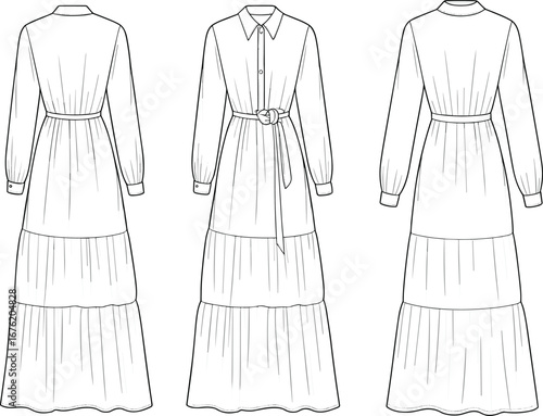 Technical CAD drawing of long tiered shirt dress with belt, button-up front, collar, and cuffed sleeves, flat vector sketch