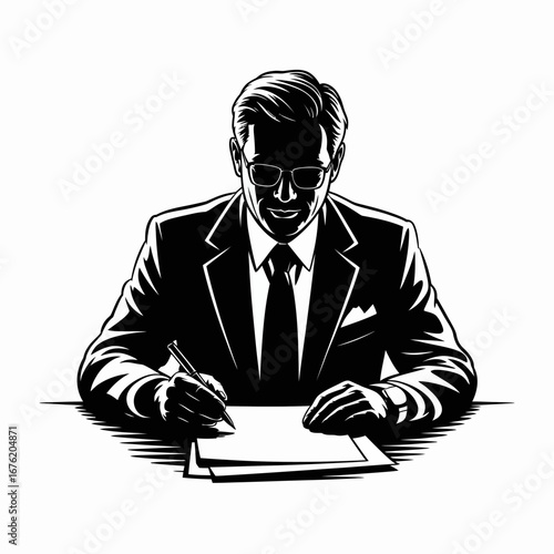 Businessman in suit writing at desk with pen on paper in black and white sketch style