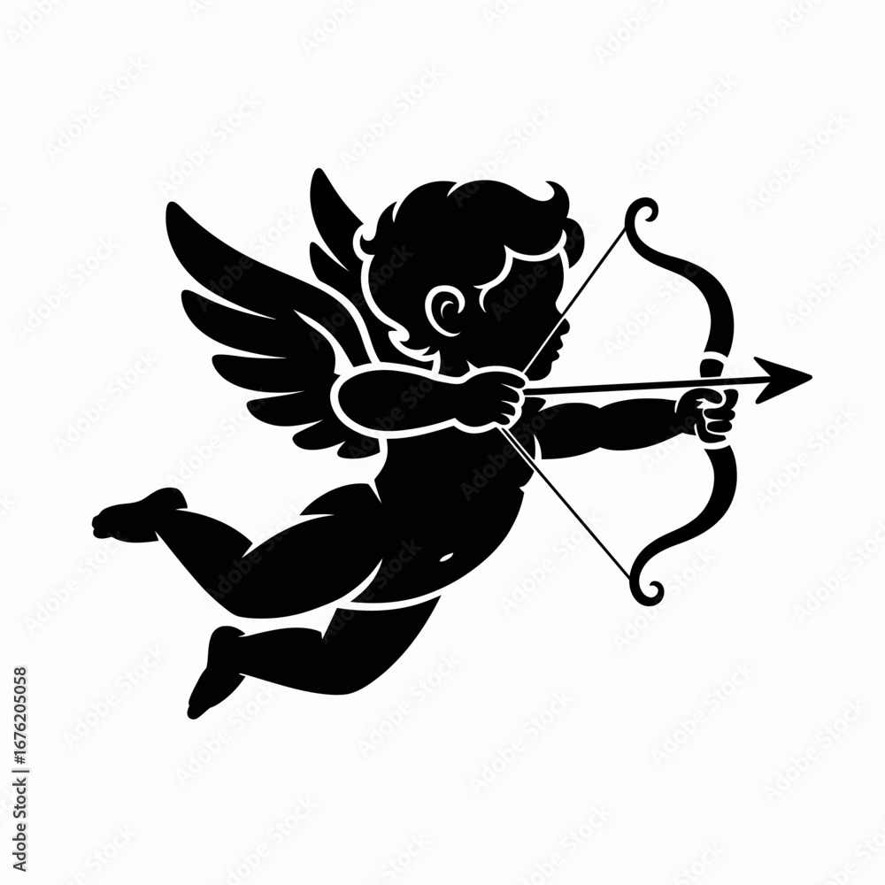 Fototapeta premium Silhouette of a flying cupid with bow and arrow ready to shoot