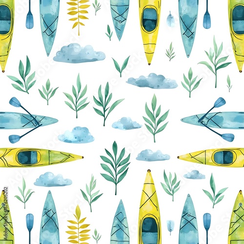 Kayaking and Nature Pattern Watercolor Style on White