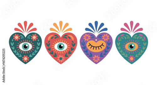 Four Colorful Sacred Hearts with Eyes and Floral Designs in a Folk Art Style	