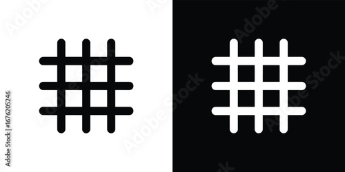 Hash Sign Icons, Rounded Line Shapes, Black and White Colors, Grid Symbol