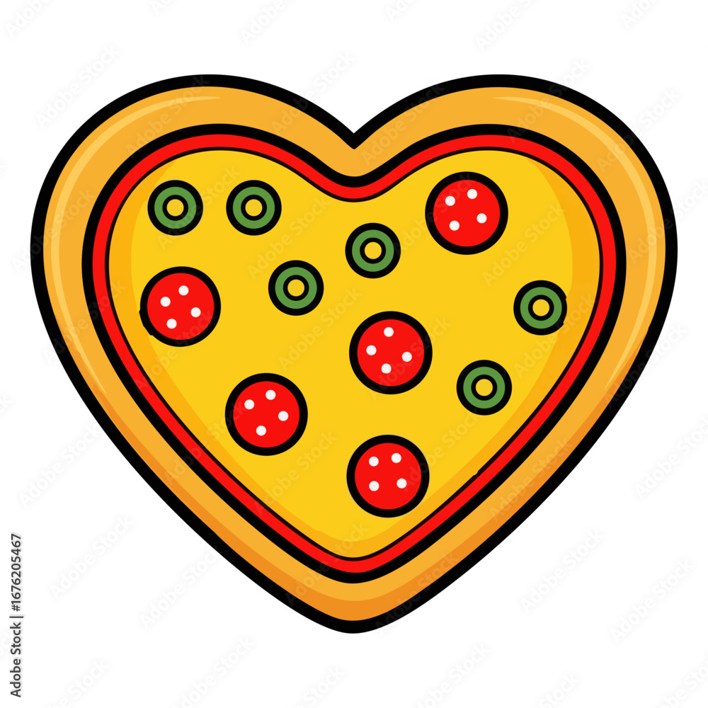 Obraz premium Pepperoni pizza in heart shape isolated on white background. Flat vector illustration of Italian cuisine.