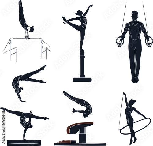 Gymnastics athlete silhouette vector illustration set with artistic poses on rings, beam, bars, vault, hoop, balance, and acrobatic performance.
