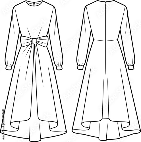 Technical flat sketch of asymmetrical high-low dress with front bow, long sleeves, back zipper, elegant formal fashion design