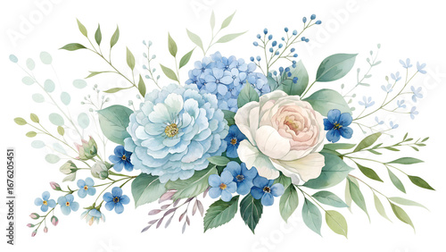 Vibrant watercolor floral bouquet with anemone, roses and lush greenery, hand-painted botanical composition ideal for wedding and springtime artwork