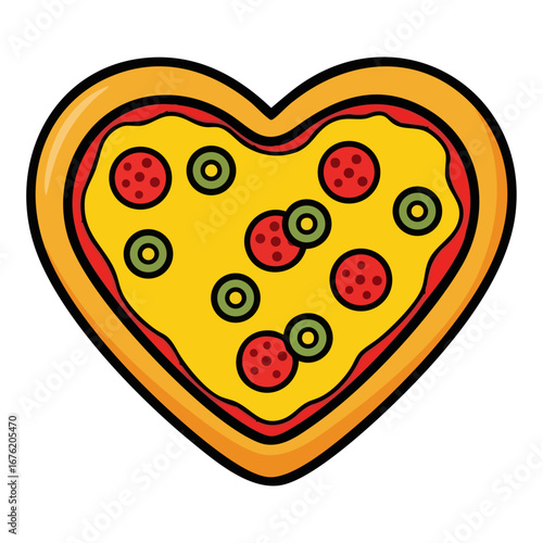 Pepperoni pizza in heart shape isolated on white background. Flat vector illustration of Italian cuisine.