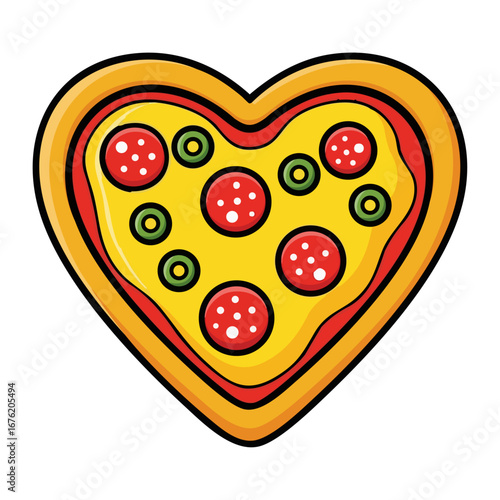 Pepperoni pizza in heart shape isolated on white background. Flat vector illustration of Italian cuisine.