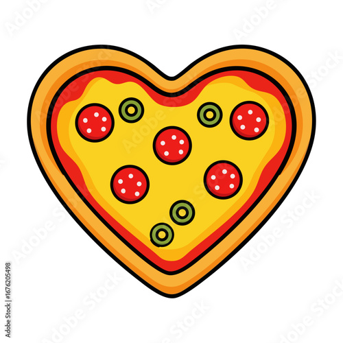 Pepperoni pizza in heart shape isolated on white background. Flat vector illustration of Italian cuisine.