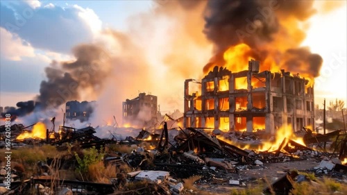 Buildings on fire amidst debris