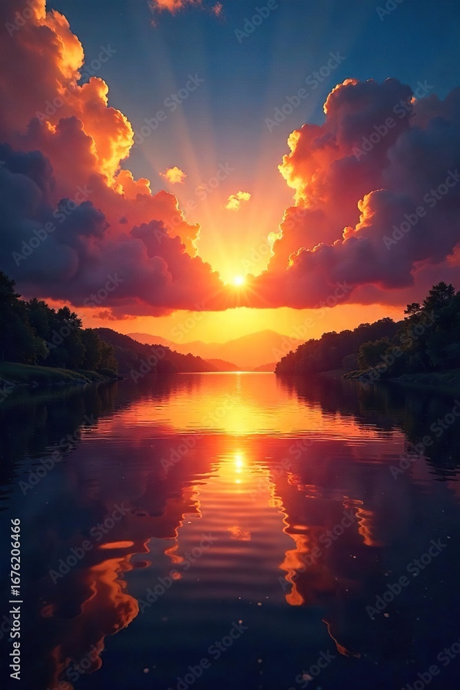 Obraz premium A vibrant sunrise over a tranquil lake, symbolizing rebirth and renewal; the sun's rays breaking through the clouds represent hope and the triumph over darkness , symbolism, nature, sunrise