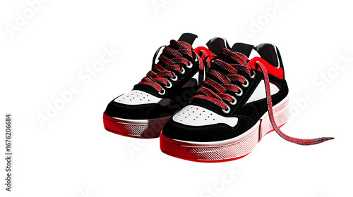 Illustration of a pair of stylish black, white, and red platform sneakers with laces isolated on transparent background, perfect for adding a trendy touch to any casual or sporty outfit