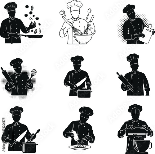 Professional Chef Silhouettes Cooking, Preparing, and Serving Dishes, Illustrations for Culinary Arts, Food, and Kitchen Design