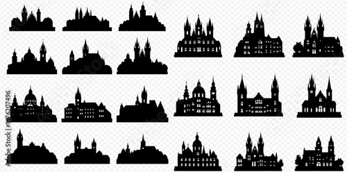 Collection of twenty-four black silhouette illustrations of various castles and buildings.