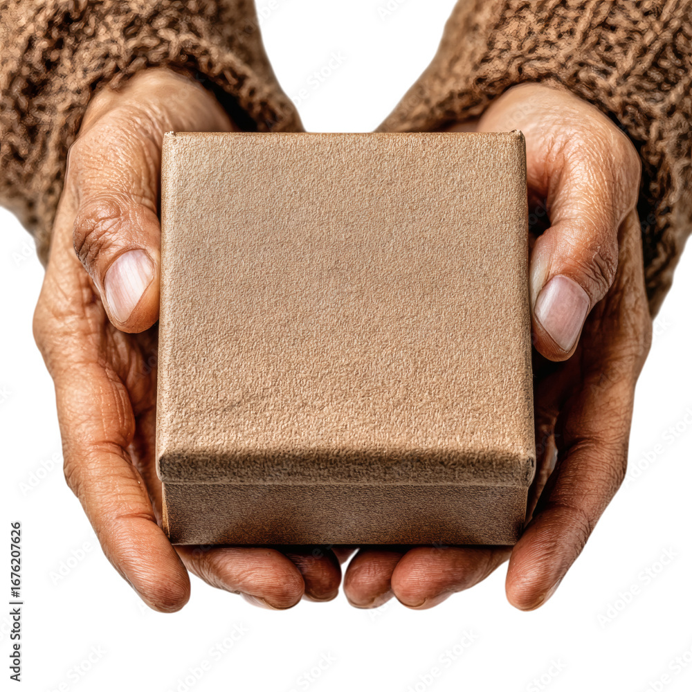 Obraz premium Woman hands holding small brown square gift box presenting a special occasion isolated on white